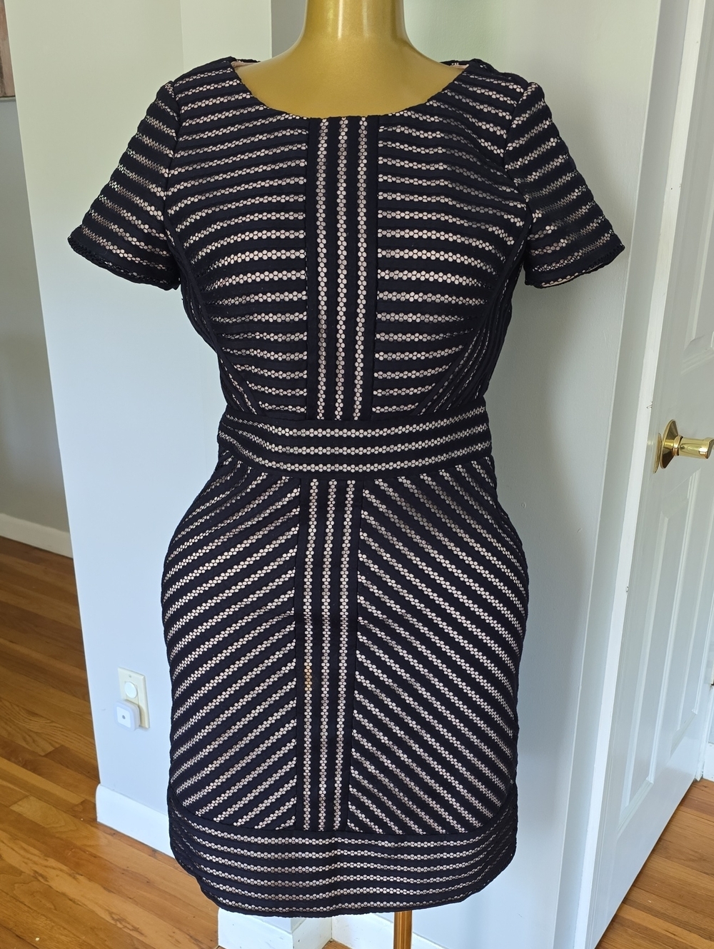 Black and Nude Striped Short Sleeve Sheath Dress